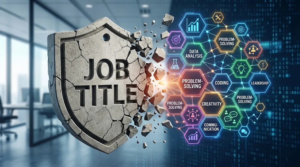 Office desk with a nameplate reading job title next to a skills checklist, illustrating whether companies are really getting rid of job titles for skills