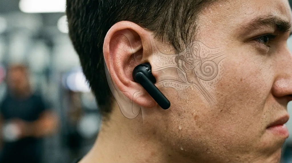 A person adjusting a wireless earbud in one ear outdoors, illustrating why earbuds can fall out of ears that differ in shape and size