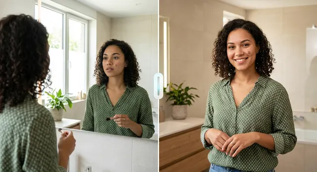 Illustration of a mirror and a phone camera showing the same face from different perspectives, explaining why photos can look different from your reflection