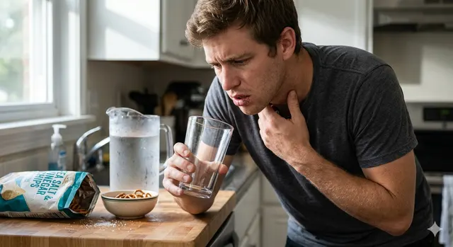 Salty snacks on a table beside a glass of water, illustrating the question of whether salt actually makes you thirsty