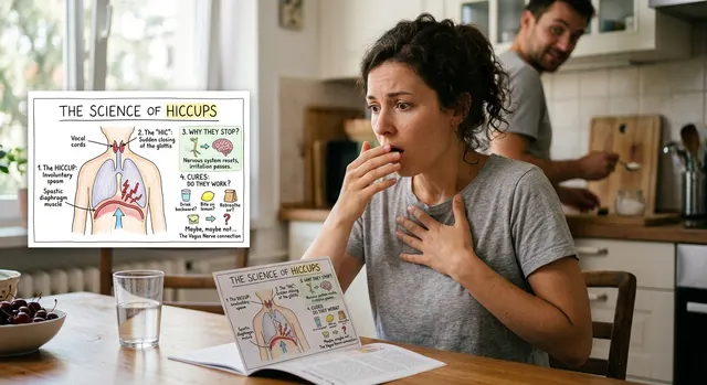 Person mid-hiccup holding a glass of water, illustrating why hiccups happen and whether popular cures actually work