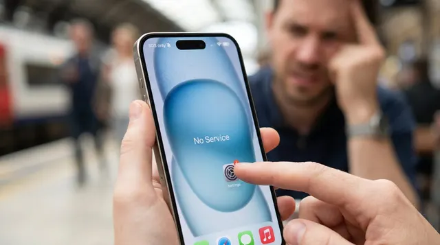 Close-up of a hand holding a smartphone whose status bar shows SOS instead of signal bars, illustrating why a phone displays SOS when it cannot reach its carrier network for normal service