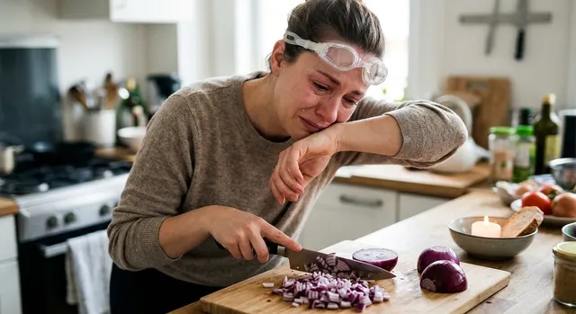 Illustration of a person chopping an onion with tears streaming down their face, with a molecular diagram of the tear-producing lachrymatory factor nearby