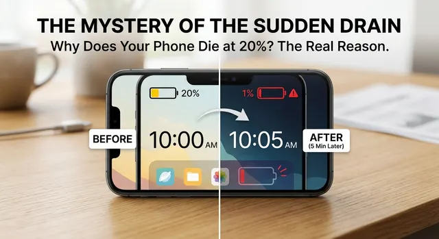 Close-up of a smartphone showing 20% battery remaining on screen before unexpectedly shutting down