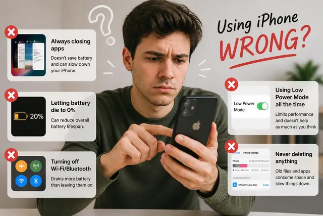 Smartphone showing battery, dark mode toggle, VPN switch, and charging cable representing eight tested tech myths