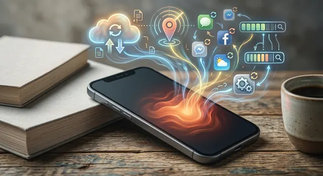 Phone lying face down and warm on a desk with the screen off, showing heat rising while no one is using it