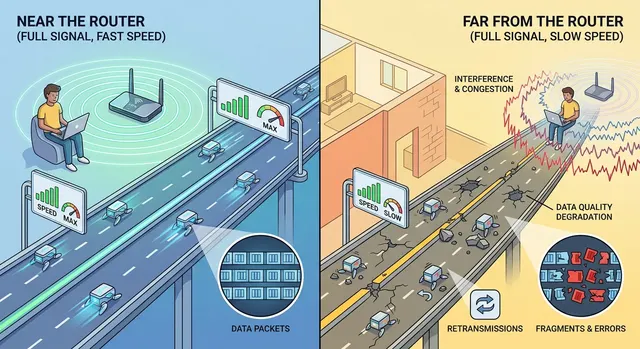 Illustration of a phone showing full WiFi bars while standing far from a router, with walls and interference in between, explaining why signal strength isn't the same as internet speed