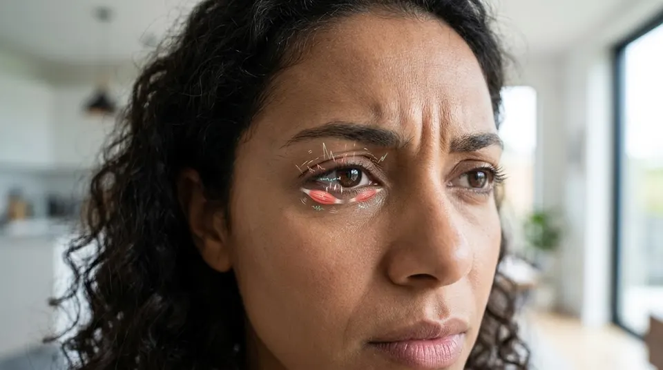 Close-up of a person's face with a hand near one eye, illustrating the tiny involuntary eyelid twitch known as myokymia