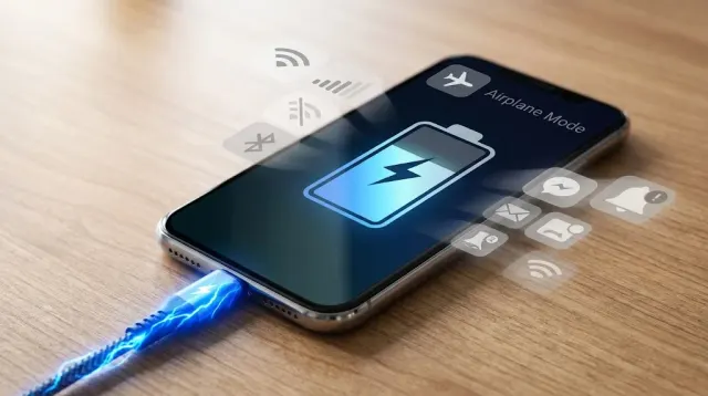 A smartphone charging on a table with the airplane mode icon visible on its screen, illustrating whether airplane mode makes charging faster