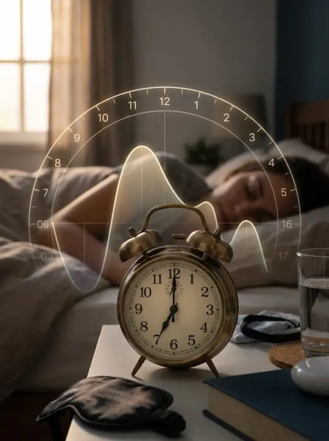 A person in bed waking up and checking the time on a device just moments before their alarm goes off