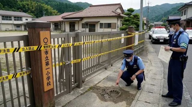 An Asiatic black bear with a pale crescent chest marking near a Japanese city street, illustrating the Utsunomiya bear incident that closed 94 schools