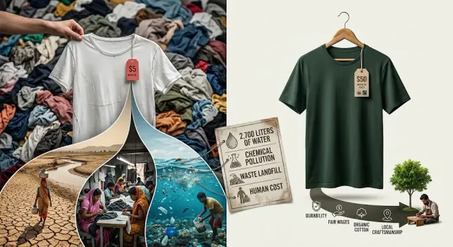 Two similar shirts side by side on a shop rail with very different price tags, illustrating whether cheap clothes are actually cheaper