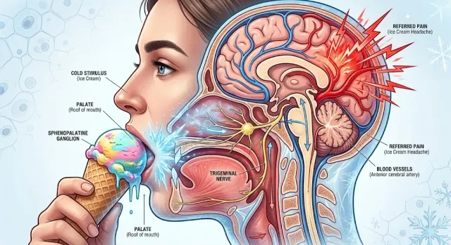 A person wincing and pressing fingers to their forehead mid-spoonful of ice cream, illustrating the sudden referred pain of brain freeze