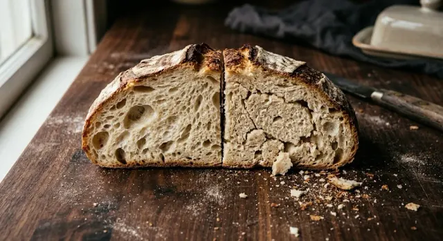 A day-old loaf of bread with a once-crisp crust, showing how moisture migration and starch retrogradation trade the loaf's textures