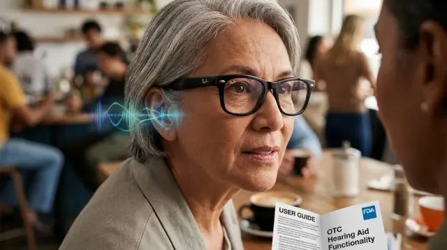 Person wearing Meta smart glasses — what the FDA clearance for Meta's Hearing assist software actually covers, and who it is for