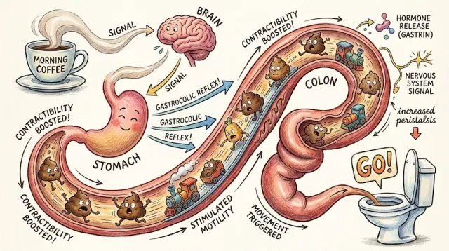 A steaming cup of coffee on a kitchen counter in the morning, illustrating coffee's effect on the gut and digestion