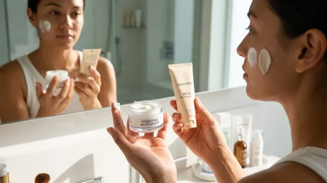 Bottles of sunscreen and moisturizer side by side on a bathroom shelf, illustrating whether sunscreen can replace moisturizer