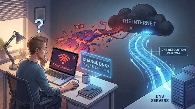 A home Wi-Fi router with blinking lights beside a laptop showing a browser error, illustrating whether changing DNS can fix an internet outage