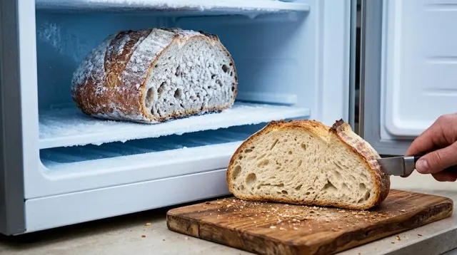 Slices of bread in a freezer bag with frost visible, ready for freezer storage