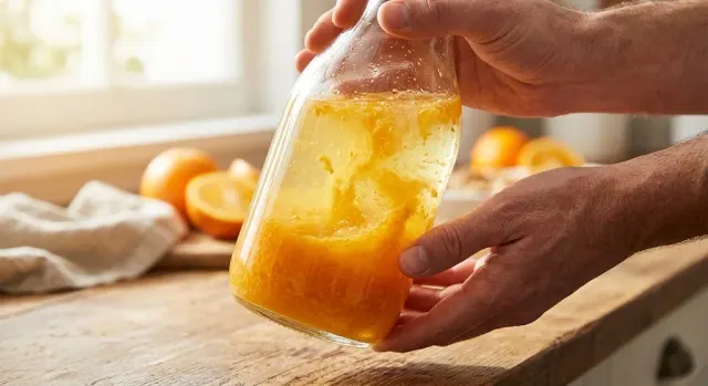 A bottle of orange juice with a thicker pulp layer settled at the bottom and a clearer layer above it