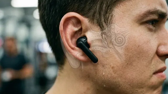 A person adjusting a wireless earbud in one ear outdoors, illustrating why earbuds can fall out of ears that differ in shape and size