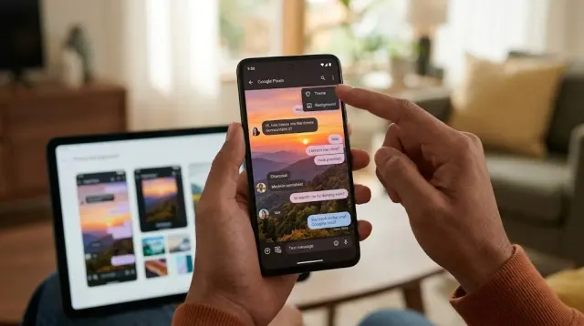 A phone showing a Google Messages conversation with a custom photo chat theme background, illustrating how personal photos look behind message bubbles