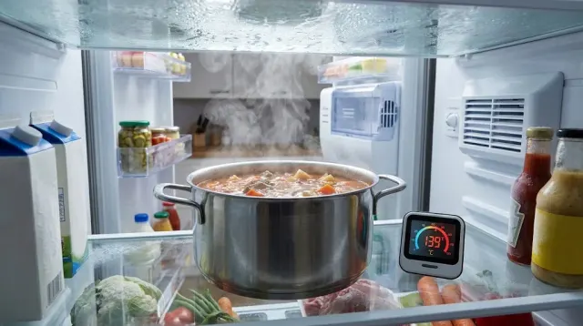 A steaming pot of hot soup beside an open refrigerator, illustrating whether hot food should go straight into the fridge or cool on the counter first