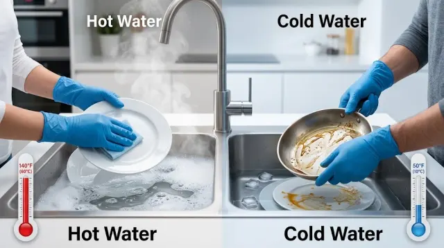 Hands scrubbing a greasy pan under a stream of hot water in a kitchen sink, illustrating whether hot water cleans dishes better than cold water