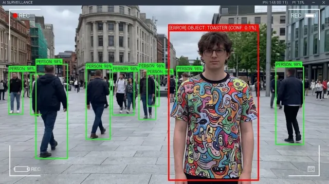 Adversarial clothing: a shirt printed with a pattern designed to look ordinary to a person while interfering with what a computer-vision model detects