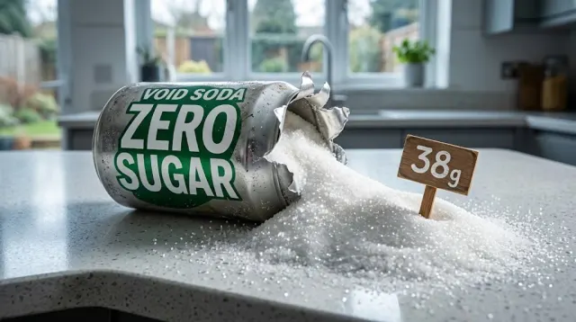 A can of zero sugar soda standing next to a sugar-filled glass, illustrating how a can labeled Zero Sugar was recalled for containing the full-sugar formula