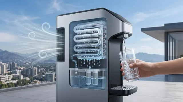 An air water generator pulling moisture from humid air — the machine that turns invisible atmospheric water vapor into drinkable liquid water