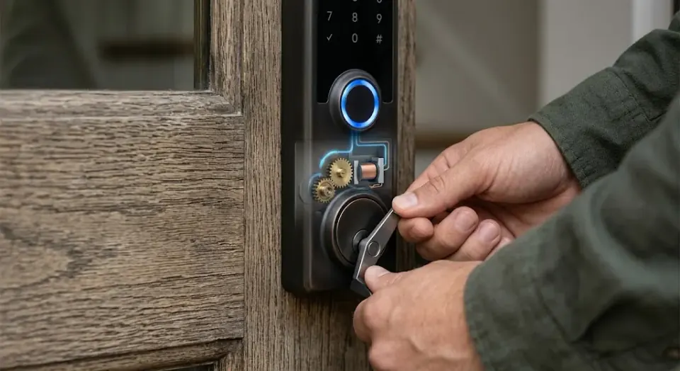 The energy path behind a hand-cranked smart lock — hand, dial, small generator, electromagnetic induction, supercapacitor, and a short burst of emergency power