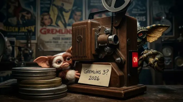 A small furry Mogwai-style creature peeking out of a backpack beside a movie clapperboard, illustrating whether Gremlins 3 is confirmed for 2026 or delayed to 2028
