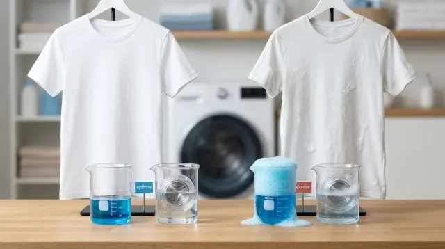 A measuring cap of liquid laundry detergent over a washing machine drum, illustrating whether using more detergent actually makes clothes cleaner