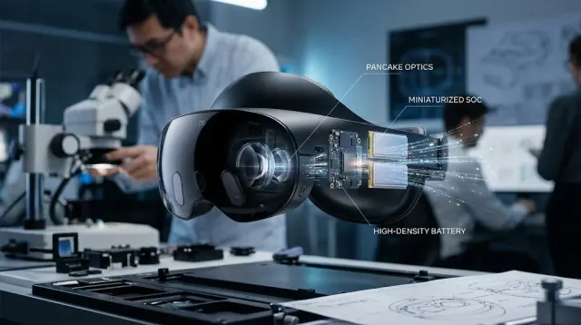 Meta's new VR glasses resting on a table beside their small compute puck and tether cable, illustrating how the system splits weight between face and pocket