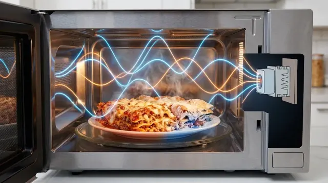 An open microwave oven with a plate of food inside, illustrating the standing-wave field patterns that make microwave heating uneven