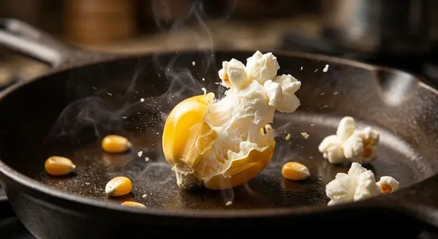 Freshly popped popcorn erupting in a pan, capturing the moment hot starch expands around escaping steam