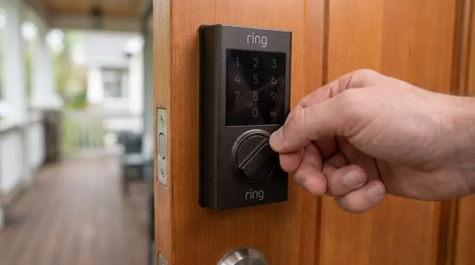 The Ring Smart Lock and its hand-cranked Power Dial — the emergency generator and supercapacitor that wake the lock when the main battery is dead