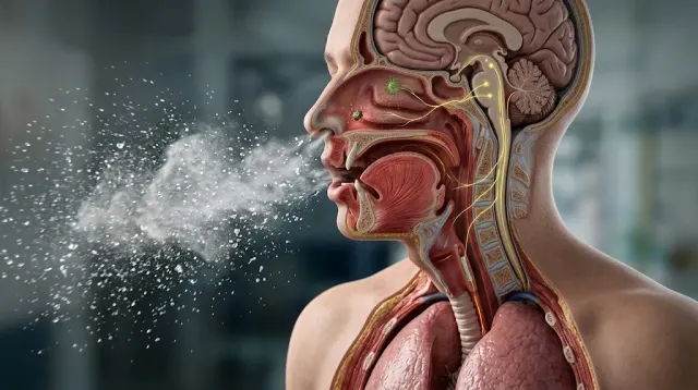 A person at the peak of a sneeze, eyes closed and face tensed, showing the coordinated reflex the body runs in under two seconds