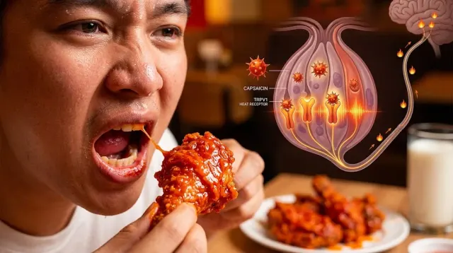 A chili pepper beside a flushed glass of milk, illustrating how capsaicin tricks the body's noxious-heat receptor into reporting a burn that isn't there