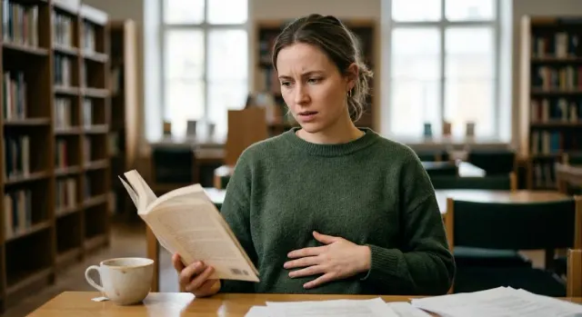 A person sitting quietly holding their stomach, illustrating how borborygmi — digestive contractions moving gas and liquid — make a stomach growl even without hunger