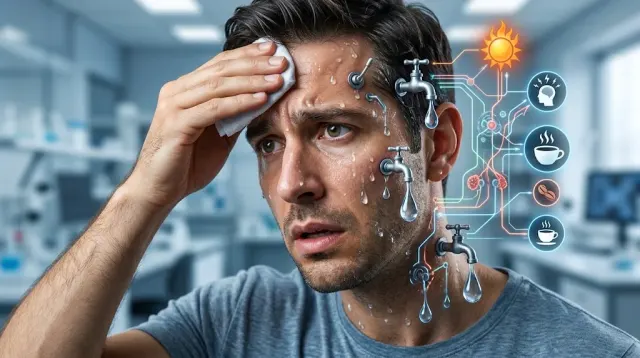 A person dabbing sweat from their forehead, illustrating how the body's cooling system turns on even without obvious heat