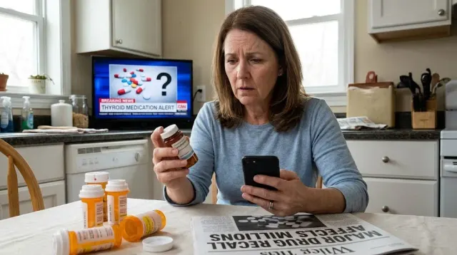 A prescription pill bottle next to a magnifying glass focused on its label, illustrating how to check whether your thyroid medication matches the recalled lot