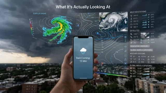 A smartphone showing a weather app rain forecast held up against a bright, still-dry sky, illustrating how weather apps predict rain before clouds arrive