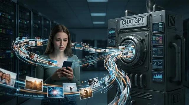 A smartphone photograph uploading to an AI chat assistant, illustrating what happens to personal photos after they are sent to ChatGPT