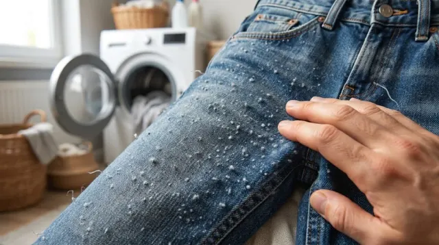 Close-up of a dark knitted sweater surface covered in small fuzzy pills — tangled balls of the garment's own fibers