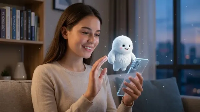 A cute cartoon character with big eyes displayed on a small screen beside a smartphone chat interface, illustrating why AI assistants get friendly avatar designs