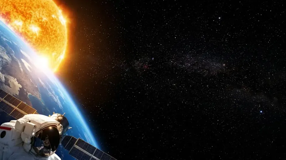 A brightly sunlit astronaut and spacecraft against a completely black sky — direct sunlight without any atmosphere to scatter it across the view