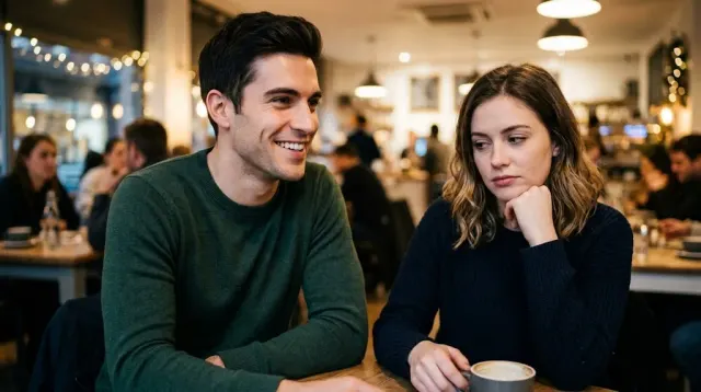 Two people talking at a party, one looking captivated — illustrating how first impressions of attraction can change as you get to know someone