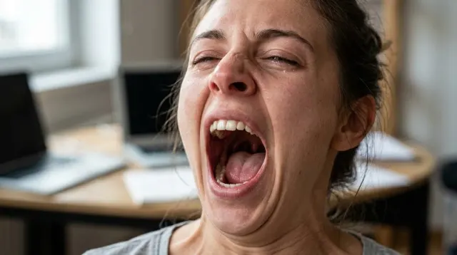 A person mid-yawn with mouth open wide, showing the coordinated jaw, throat and facial stretch of the yawn reflex